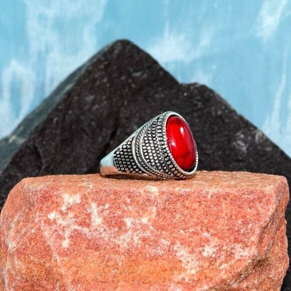 Saddlebred Mens Etched Silver Ring Red Turquoise Simulate Size 9 Gift Boxed - Picture 1 of 8